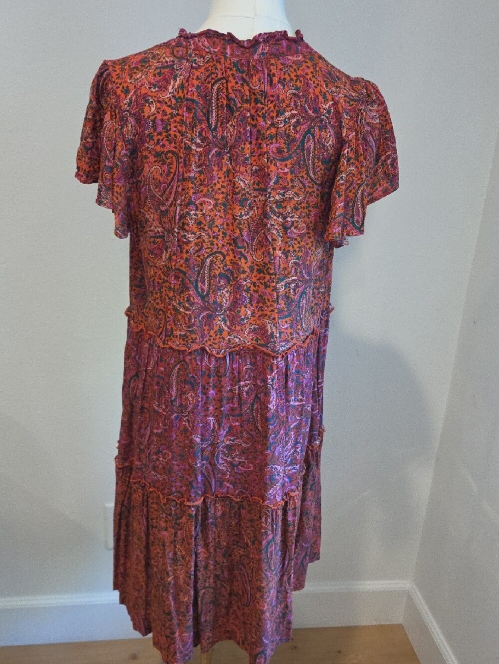 Anthropologie Pink Paisley Ruffled V-Neck Tiered Mini Dress - Picture 8 of 13